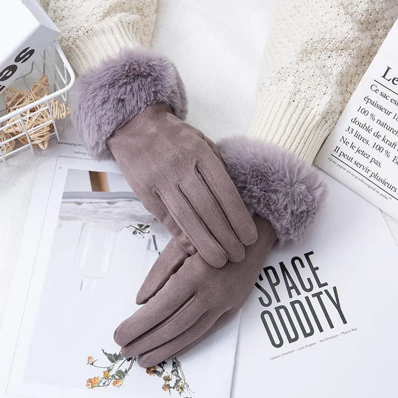 Female Faux Rabit Fur Suede Leather Touch Screen