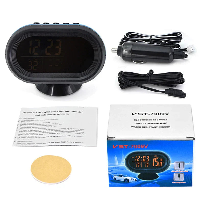 Digital Car Clock Dual Thermometer Battery Voltmeter Voltage Luminous Electronic Clock Car DC 12/24V Interior Accessories 4 IN 1