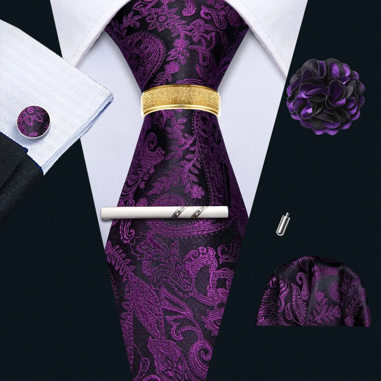 Barry.Wang Silk Mens Tie Hanky Cufflinks Clip Brooch