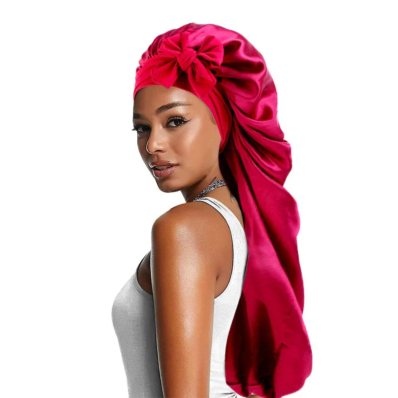 Women Satin Bonnets Adjustable Long Barrel Nightcap Solid