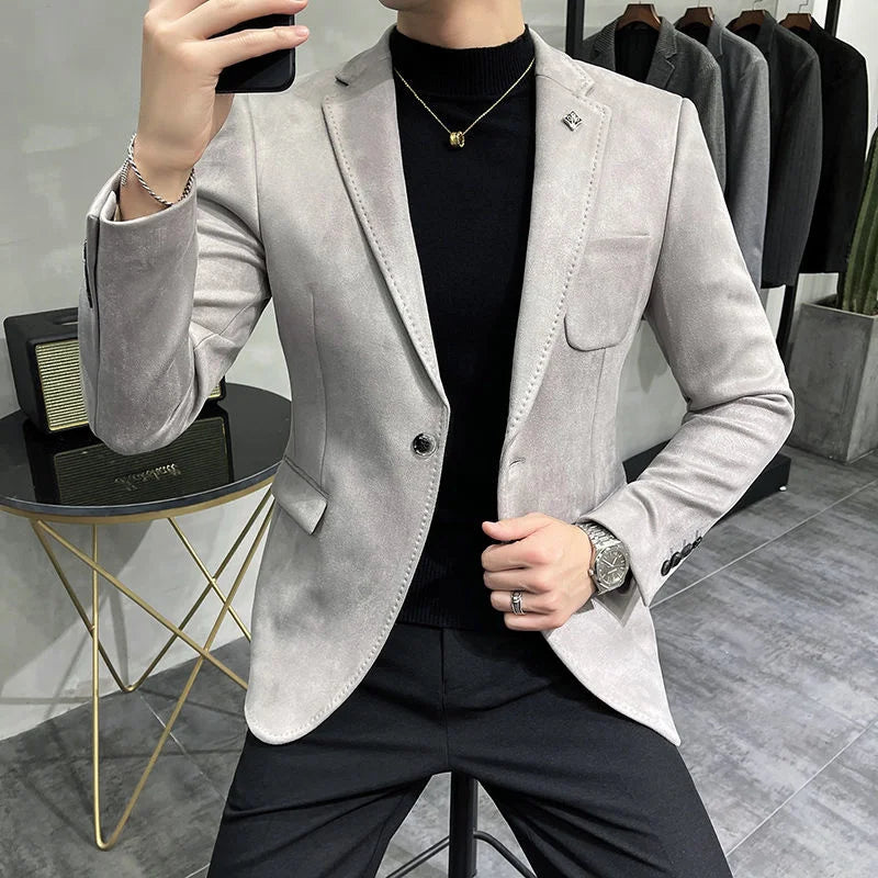 Deerskin Leather Jacket Blazer Men Casual Slim Fit