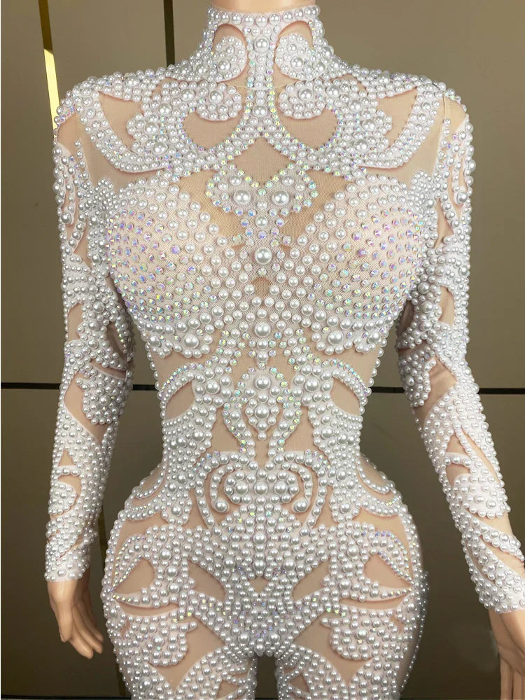 Luxury White Pearls Long Sleeves Women Bodysuit Transparent
