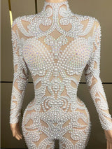 Luxury White Pearls Long Sleeves Women Bodysuit Transparent