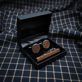 French Cufflinks Tie Clip Set Square Grid Round
