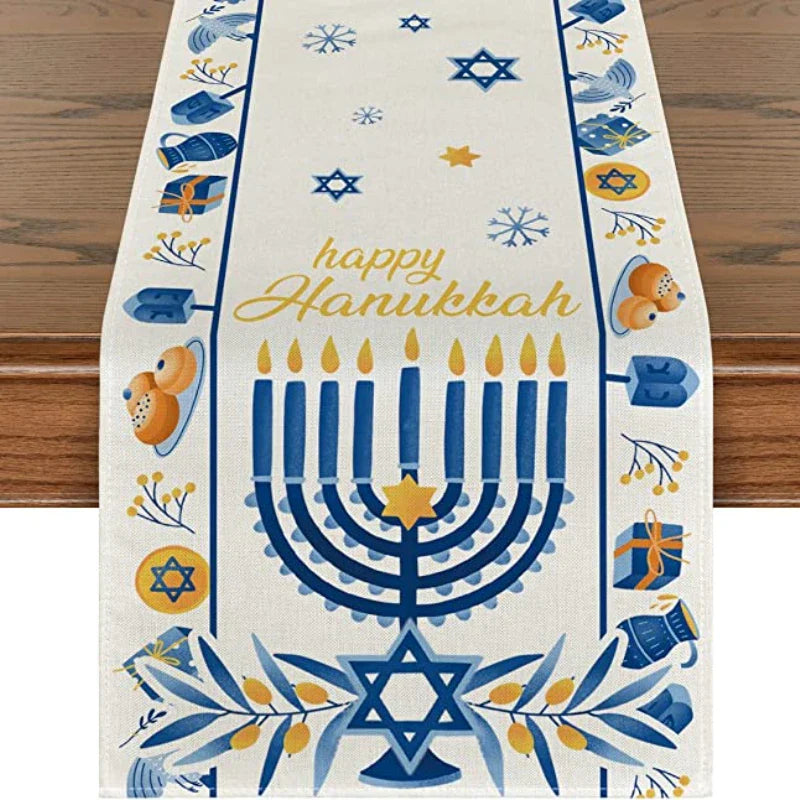Happy Hanukkah Menorah Table Runner, Seasonal Chanukah Kitchen