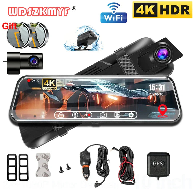 4K Front and Rear Camera Mirror GPS Car