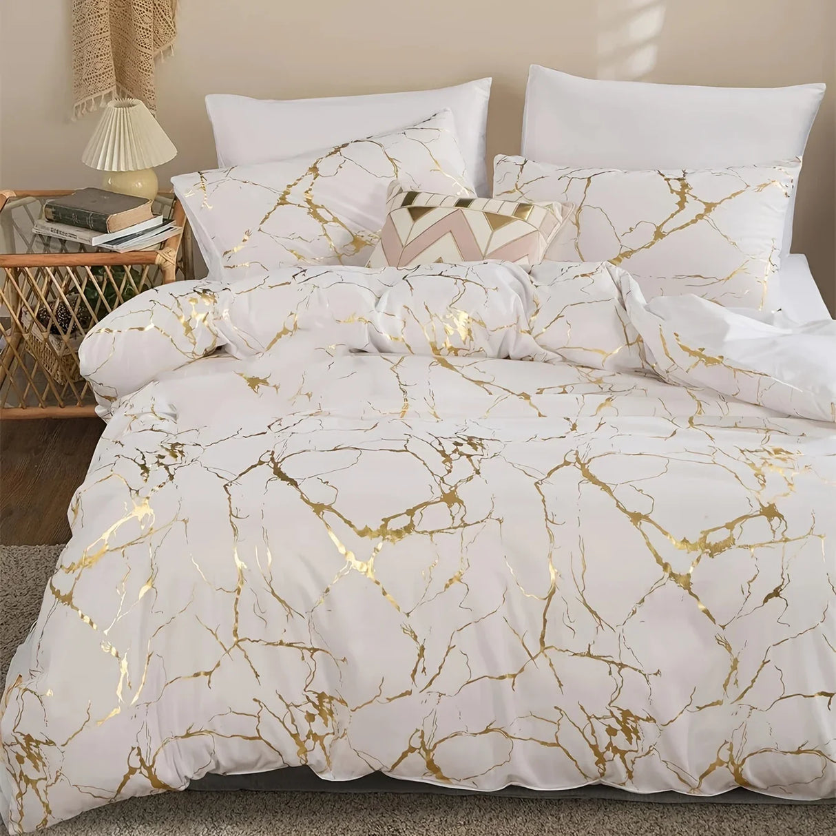Queen Bedding Duvet Cover Set White Marble Printed
