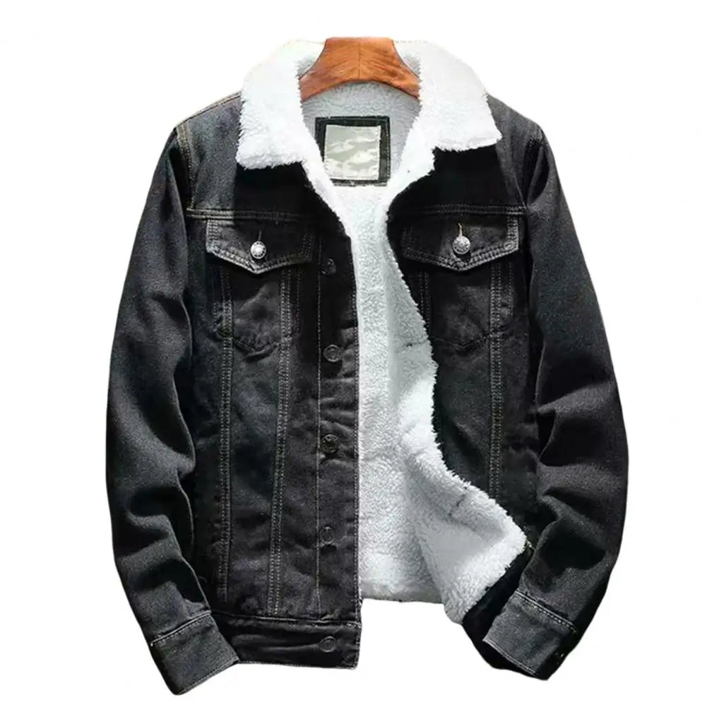 Men Jean Jacket Thicken Lamb Cashmere Lining Solid