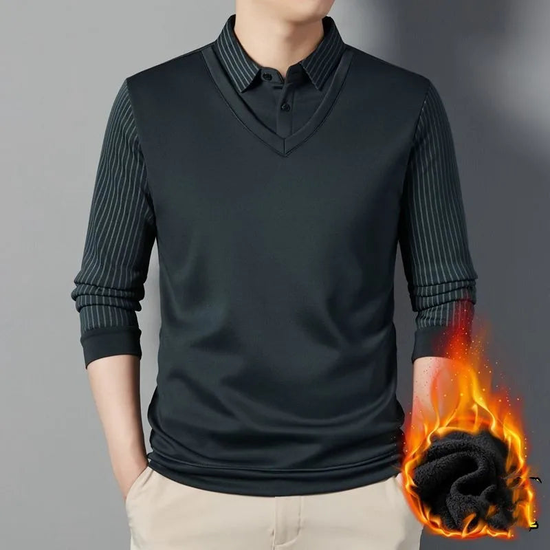 Mens Autumn Winter Pullover Turndown Collar Striped Patchwork