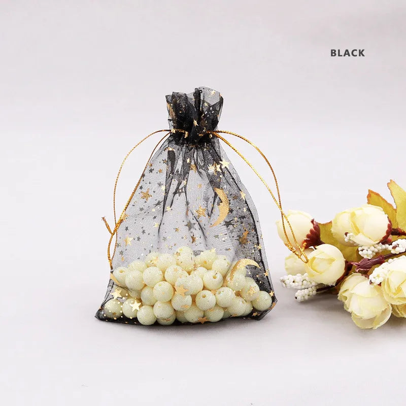 100pcs Moon Star Organza Drawstring Gift Bags 7x9cm Jewelry Packaging Pouches