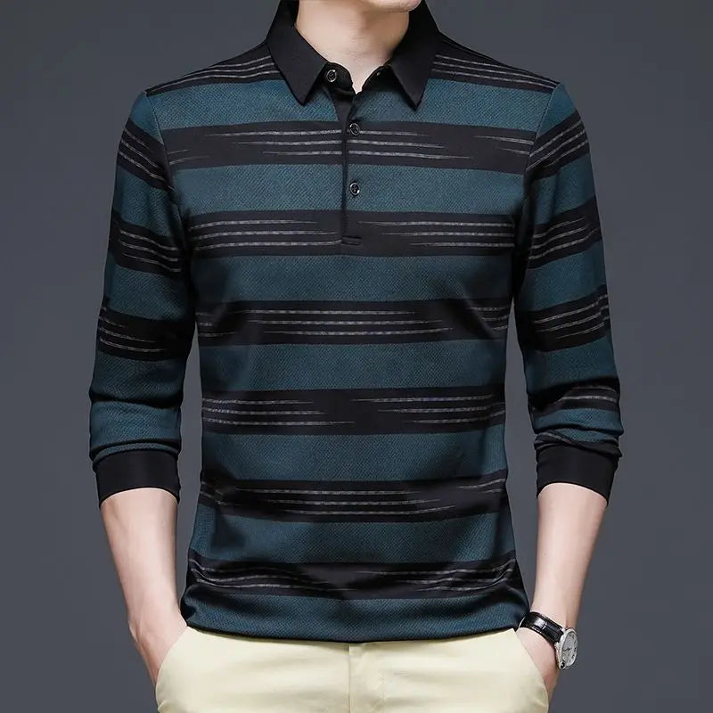 Spring Autumn Men Striped Long Sleeve Polo Shirts