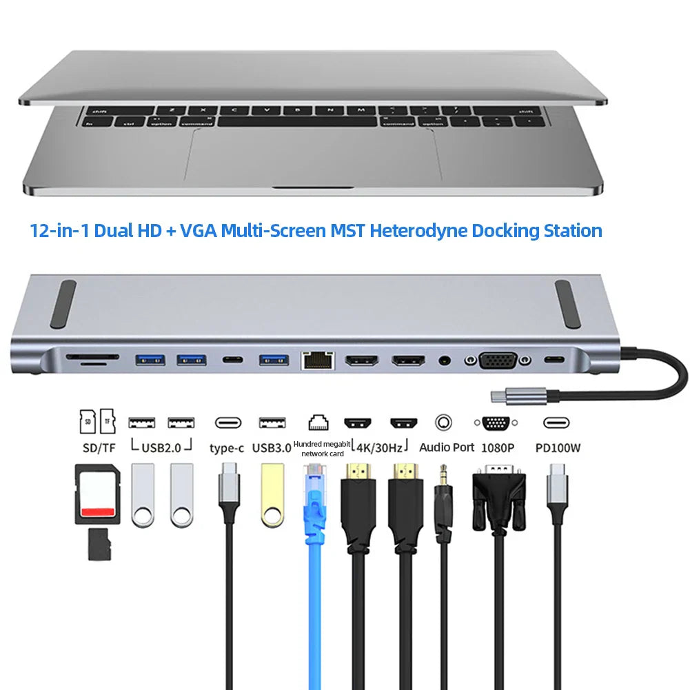 12-in-1 Type-C USB 3.2 Hub VGA Three Screen