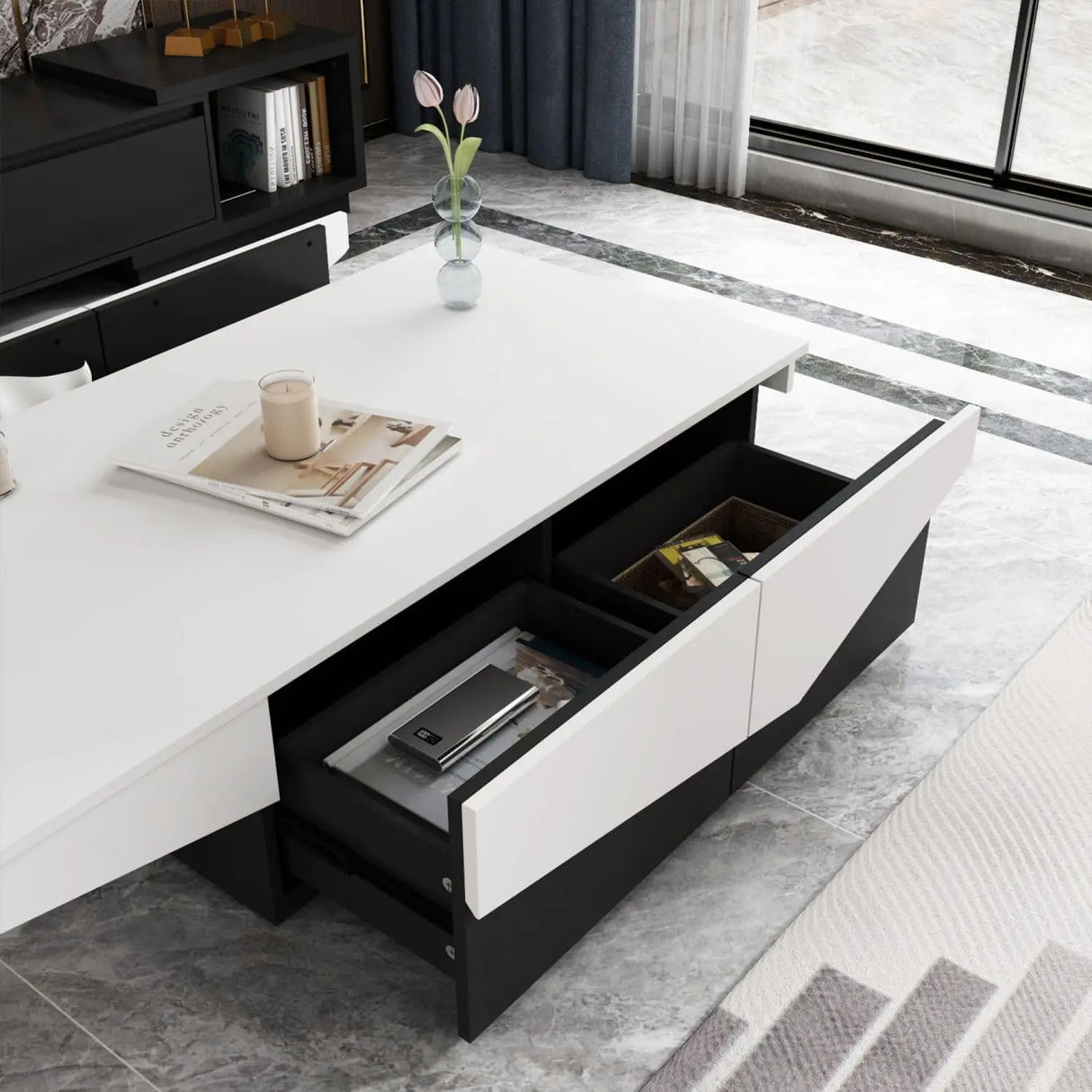 Modern Coffee Table with 4 Drawers, Central Table