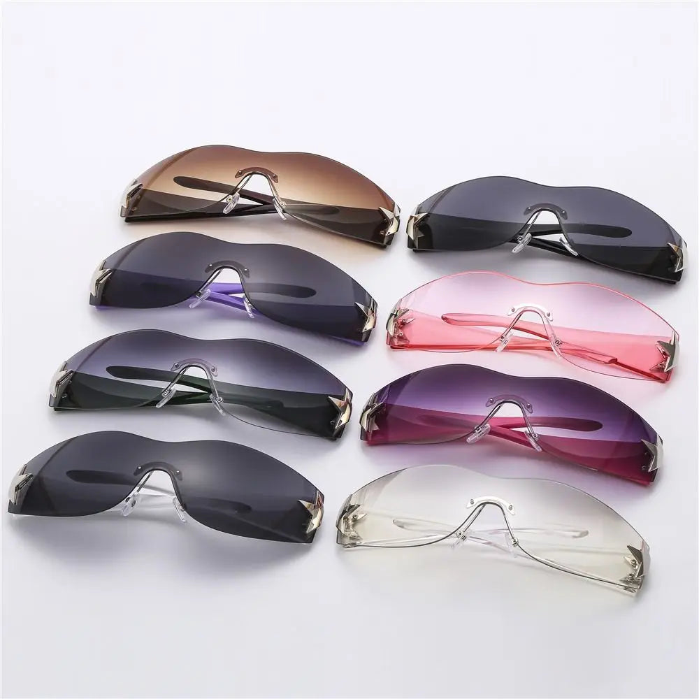 Rimless Y2K Sunglasses for Women Men,Trendy Wrap Around