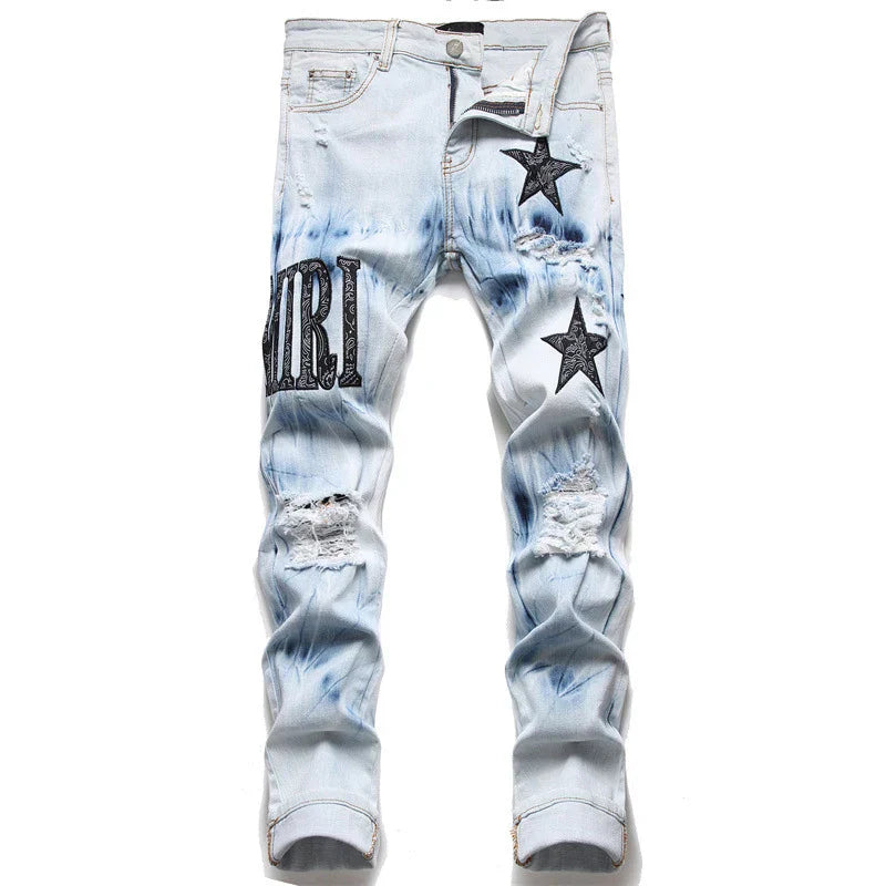 usa style Man's Jeans Five-pointed Star Torn Patches