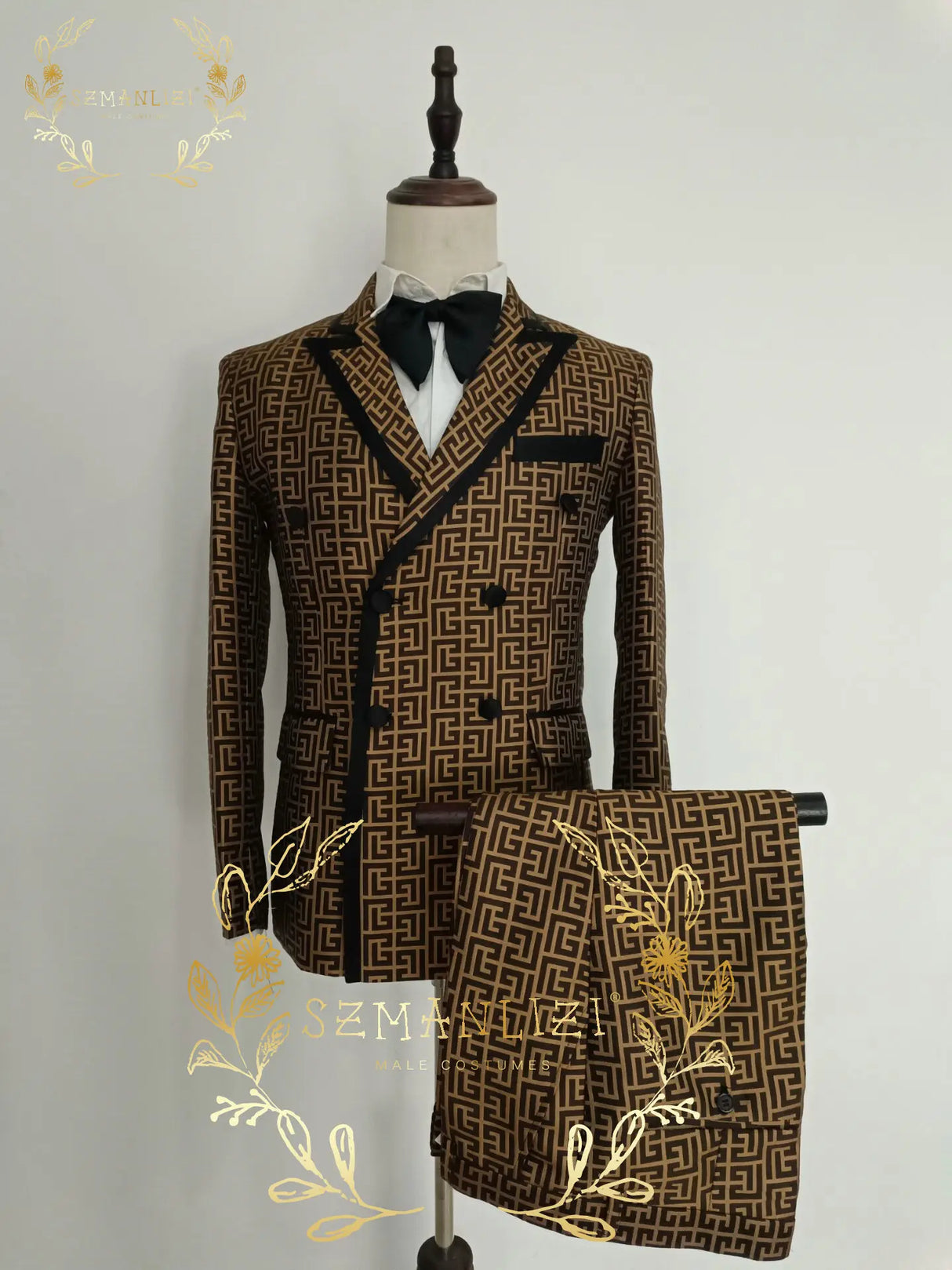 Luxury Fashion Brown Plaid Groom Tuxedos Double Breasted