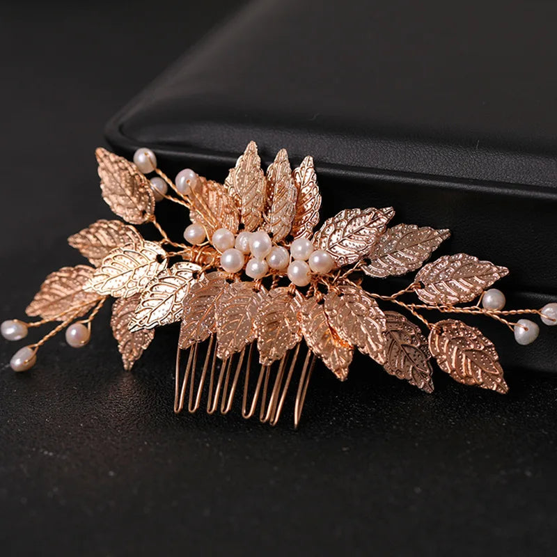 Gold Color Pearl Leaf Hair Comb Clip Hairpin