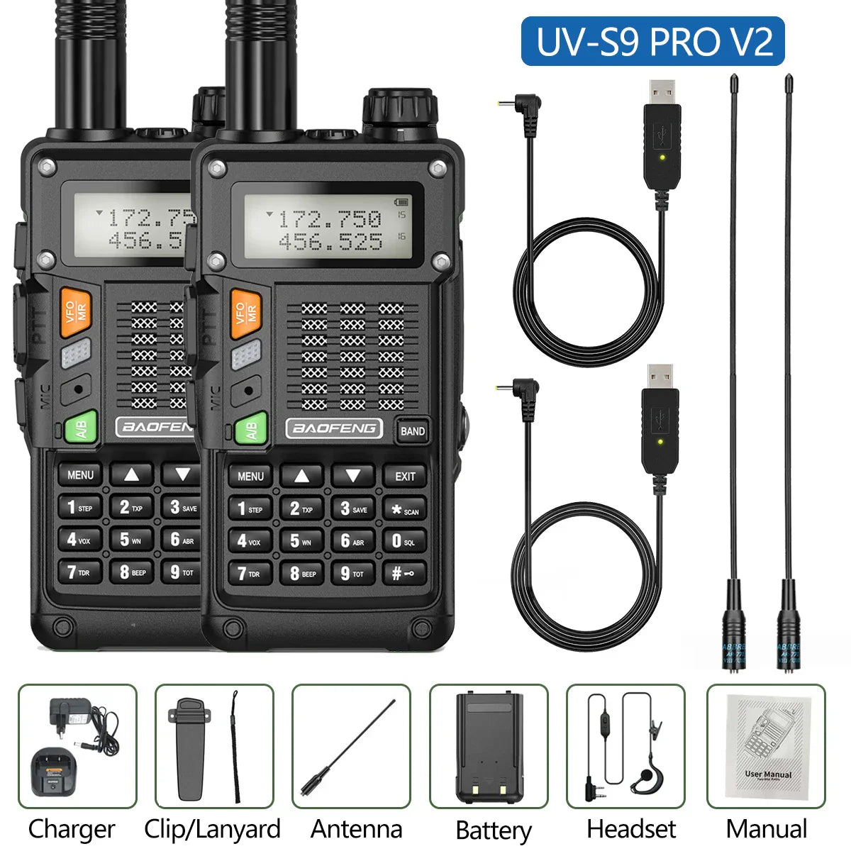 2PCS BaoFeng UV-S9 Pro V2 Walkie Talkie 10KM