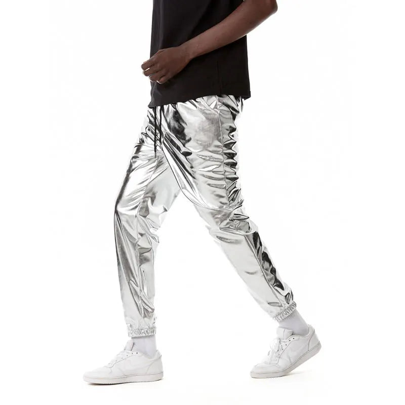 Mens Shiny Silver Metallic Jogger Sweatpants Hip Hop