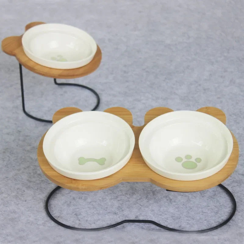New High-end Pet Bowl Bamboo Shelf Ceramic Feeding