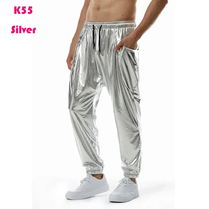Mens Shiny Silver Metallic Jogger Sweatpants Hip Hop