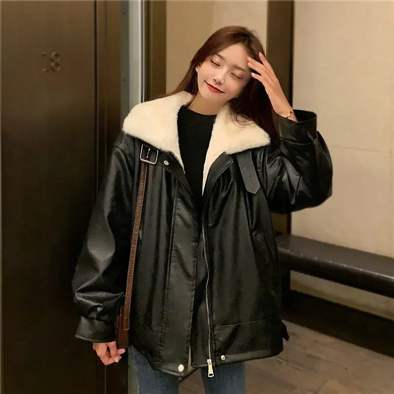 Retro Thick Warm Leather Coat Winter Woman Plush