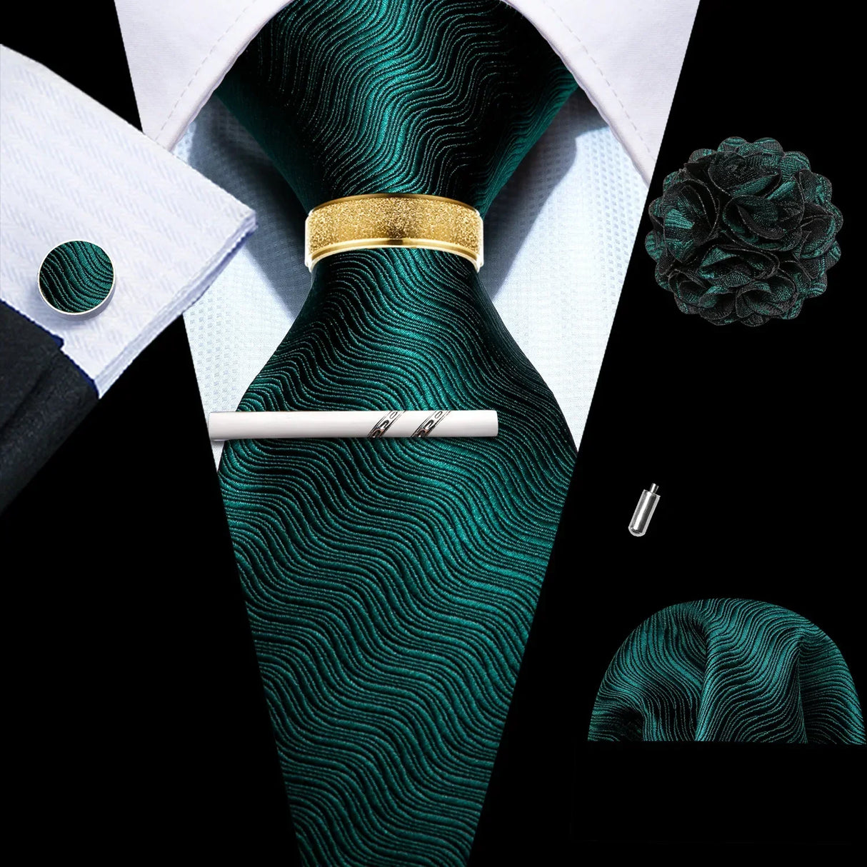 Barry.Wang Silk Mens Tie Hanky Cufflinks Clip Brooch