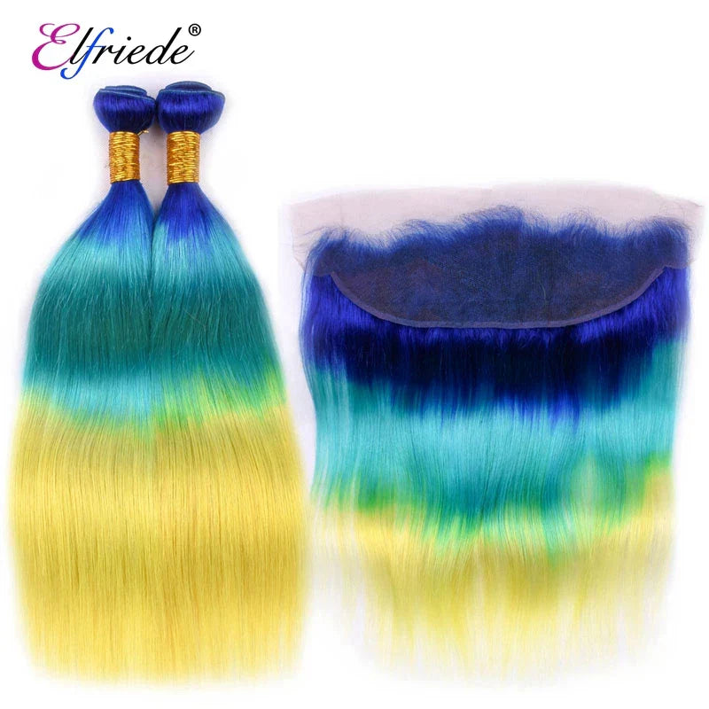 Elfriede BlueGreenYellow Straight Ombre Colored Hair Bundles with