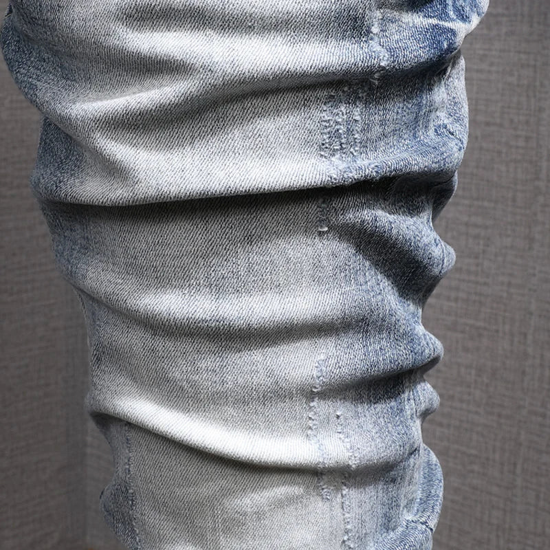 Fashion Designer Men Jeans Retro Light Blue Stretch