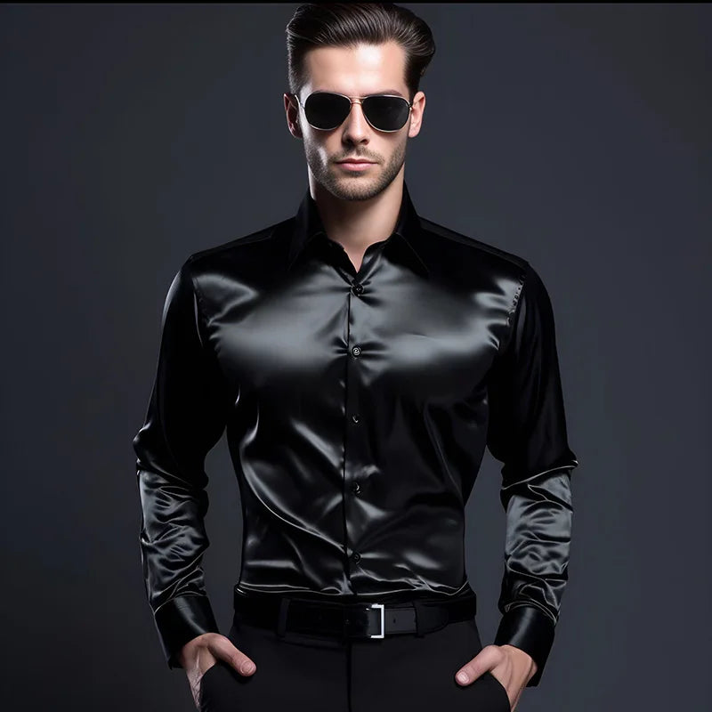 Mens Satin Silk Dress Shirt Long Sleeve Slim