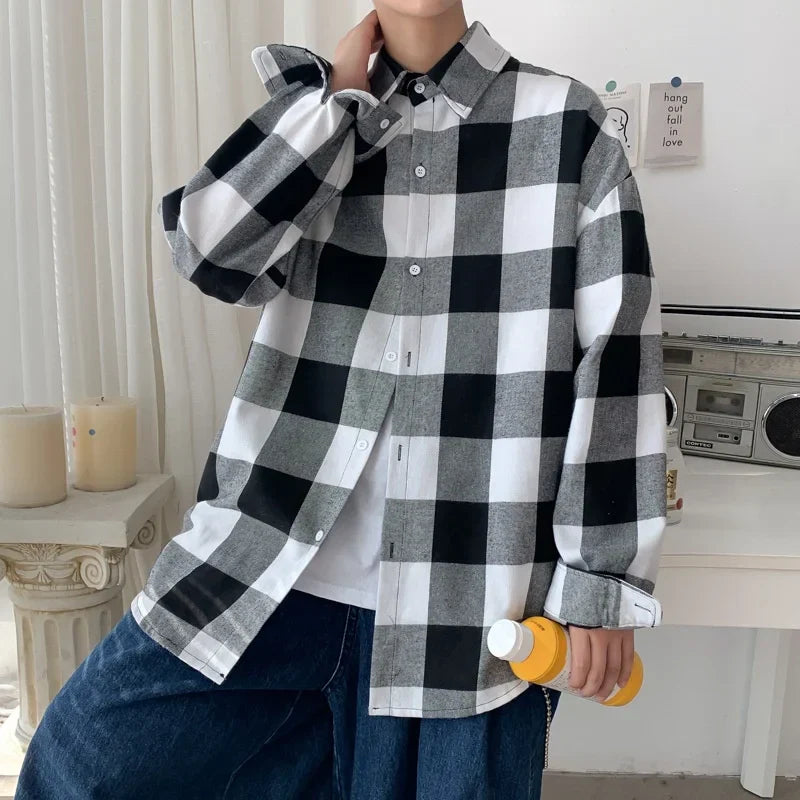 Long-sleeved plaid shirt men's spring Korean style trendy