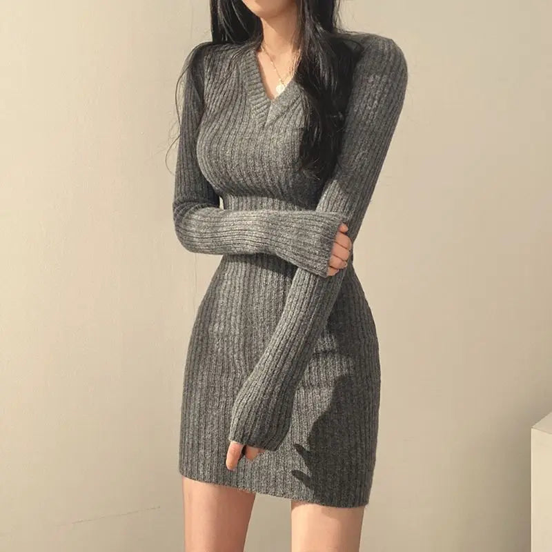 HELIAR Women Knit Bodycon Dress V-Neck Long Sleeve
