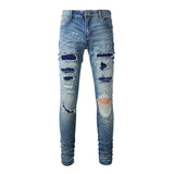 Men Crystal Stretch Denim Jeans Streetwear Painted Patch