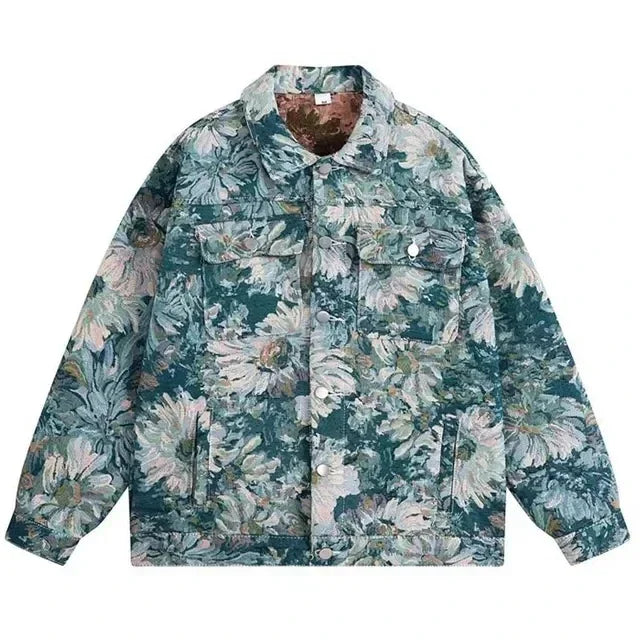 Full Flowers Jacquard Denim Jacket Men Korean Fashion