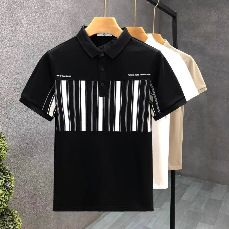 Korean Summer Men Striped Polo Shirts Streetwear Fashion