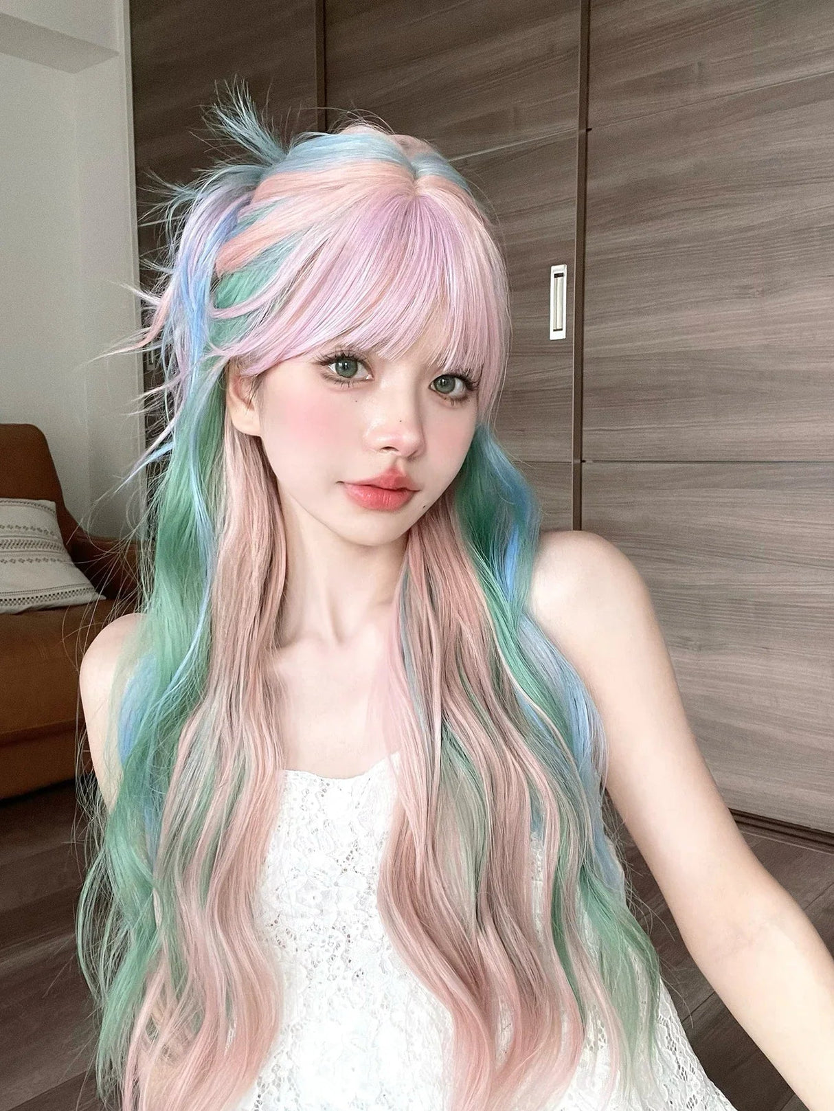 28Inch Iridescent Rainbow Color Multicolour Synthetic Wigs With
