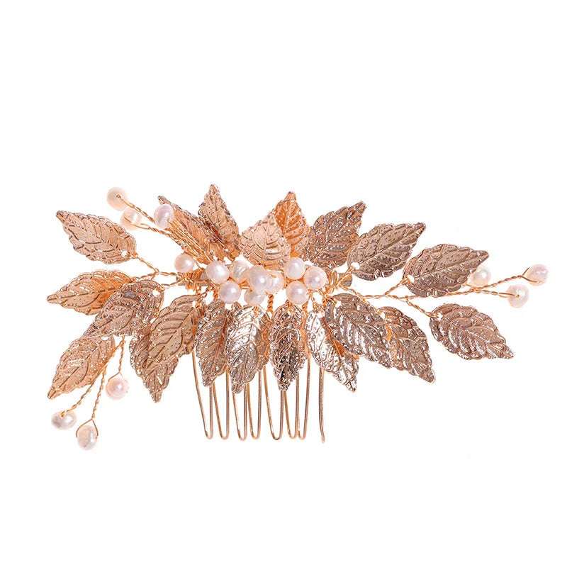 Gold Color Pearl Leaf Hair Comb Clip Hairpin