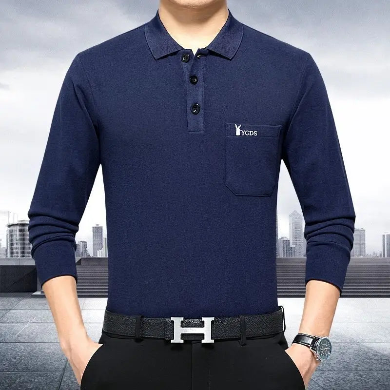Mens Spring Autumn Solid Pullover Turndown Collar Button
