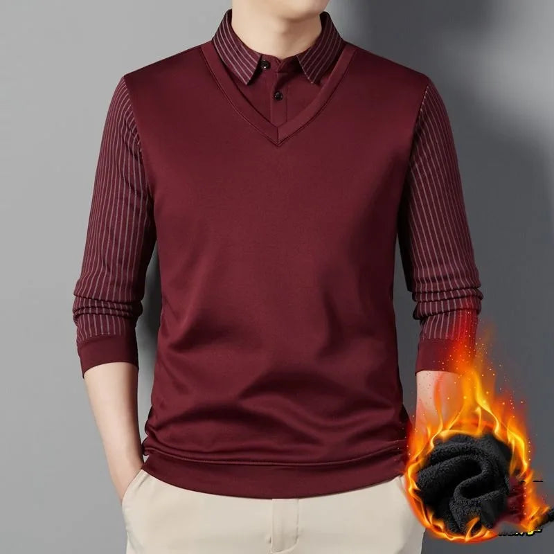 Mens Autumn Winter Pullover Turndown Collar Striped Patchwork