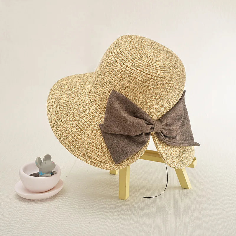 Bow Decor Straw Sun Hat Wide Brim Foldable