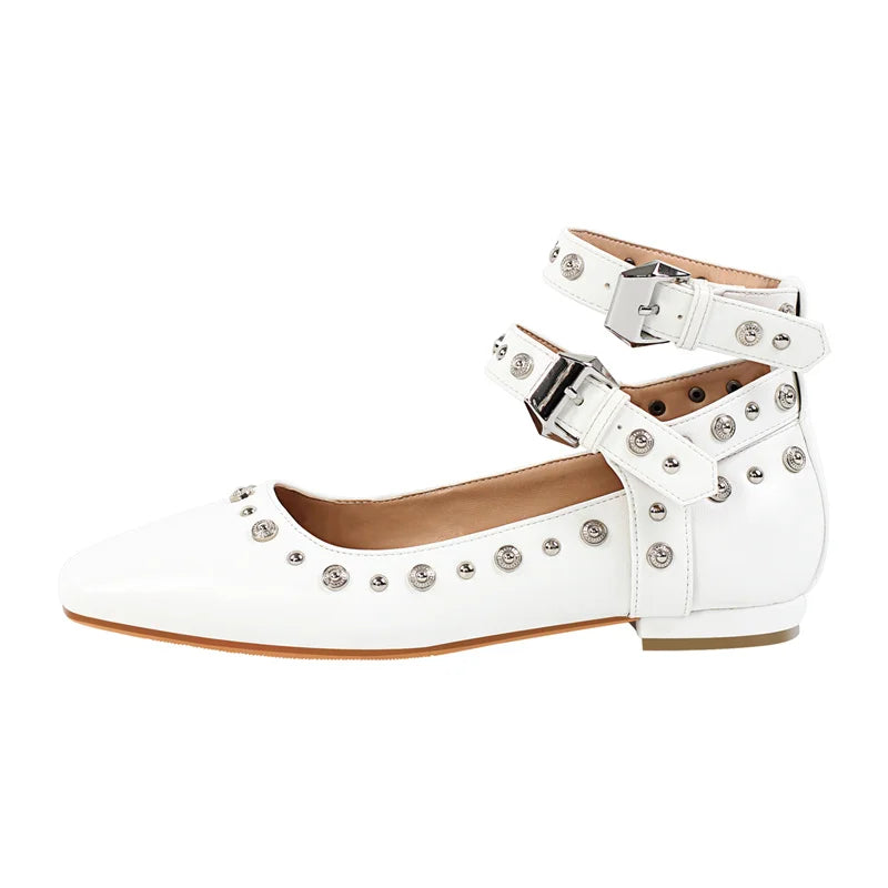 Onlymaker Women White Square Toe Buckle Strap Mary