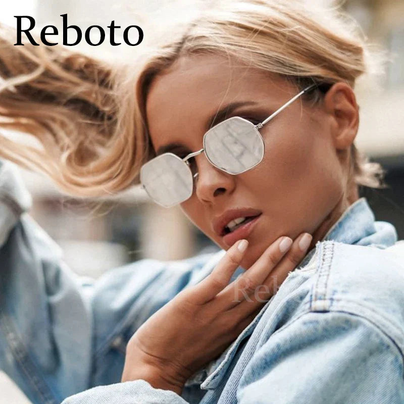 Hipster Polygon Sunglasses For Women Vintage Retro Silver Mirror Metal Frame Sunglasses Classic Square 90’S Shades Trendy 2022