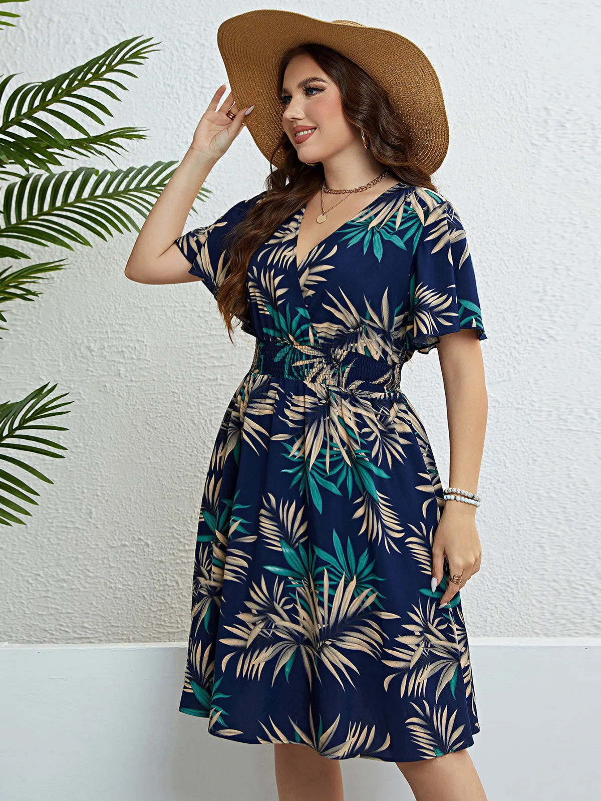 Plus Size Floral Print Wrapped VNeck Women Dresses