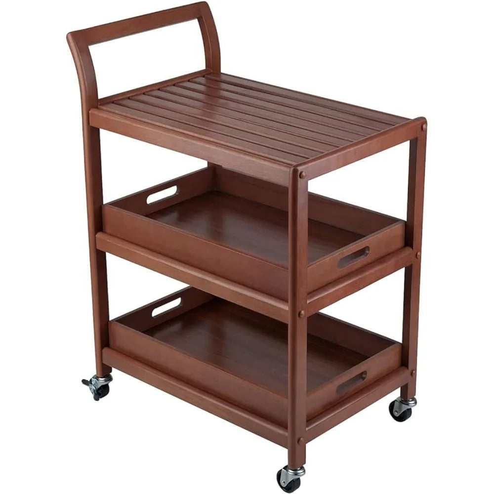 3-Shelf Wood Mobile Serving Cart With Lockable Wheels