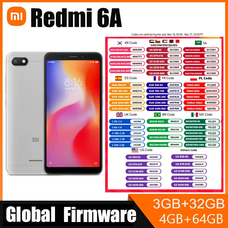 Xiaomi Redmi 6A Smartphone 5.45'' Full Screen AI