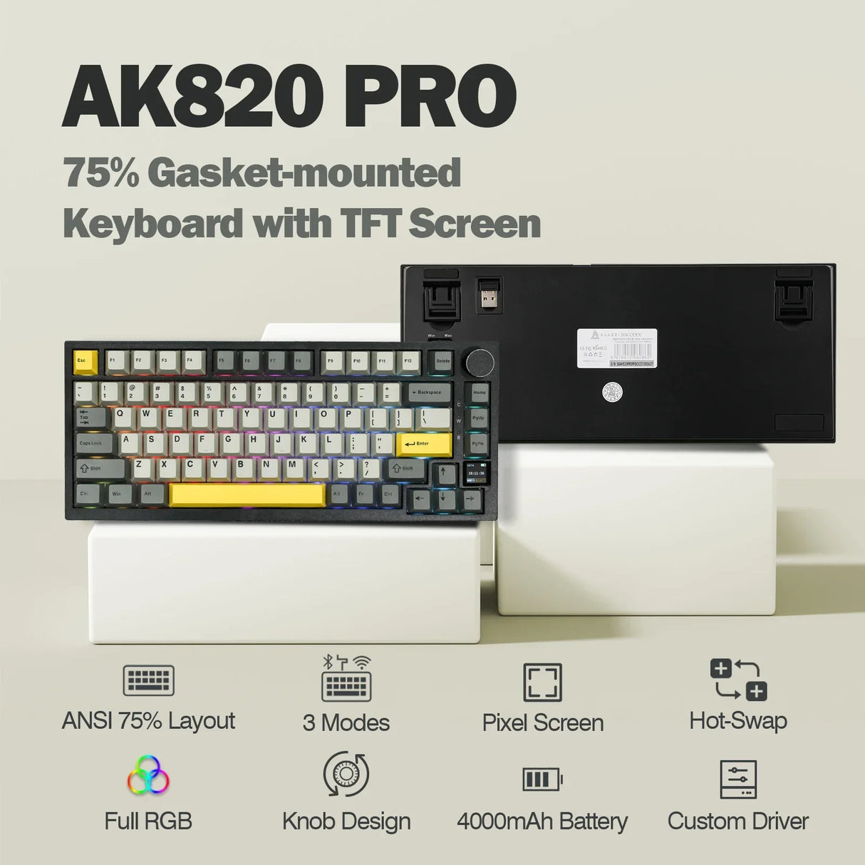 Ajazz AK820 Pro 75% Gasket-mounted Bluetooth 5.1/2.4G Wireless
