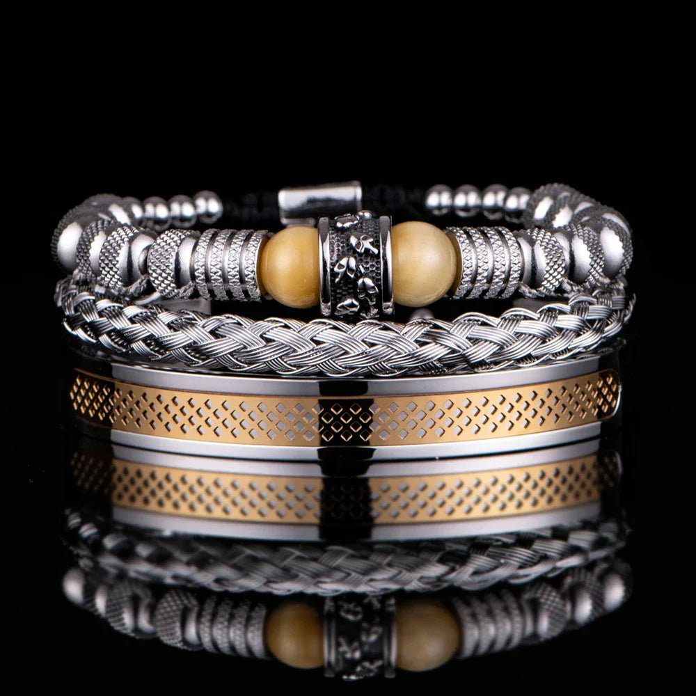 3pcs Set Men Bracelet Stainless Steel Handmade Rope