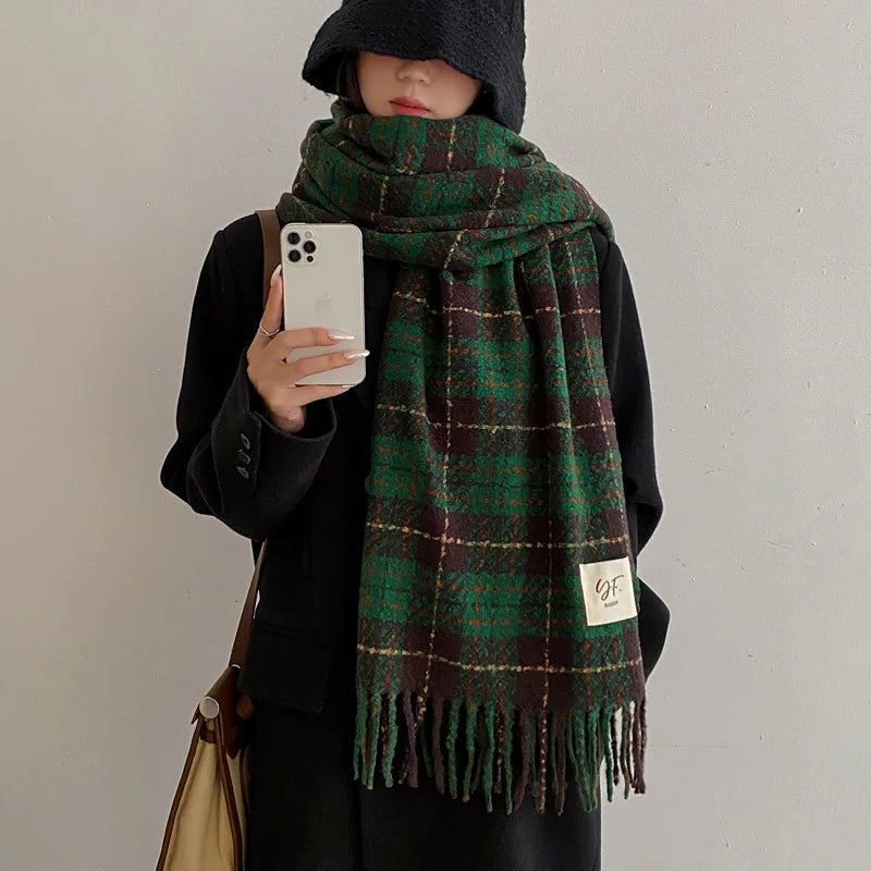 Retro Plaid Cashmere Womens Scarf Winter Thick Warm