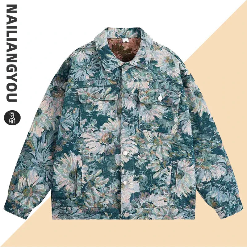 Full Flowers Jacquard Denim Jacket Men Korean Fashion