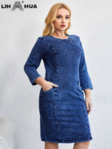 LIH HUA Women's Plus Size Denim Dress Autumn